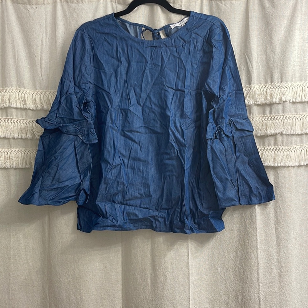 Chambray denim 3/4 sleeve blouse, ruffle sleeves, tie detail in back, size large
